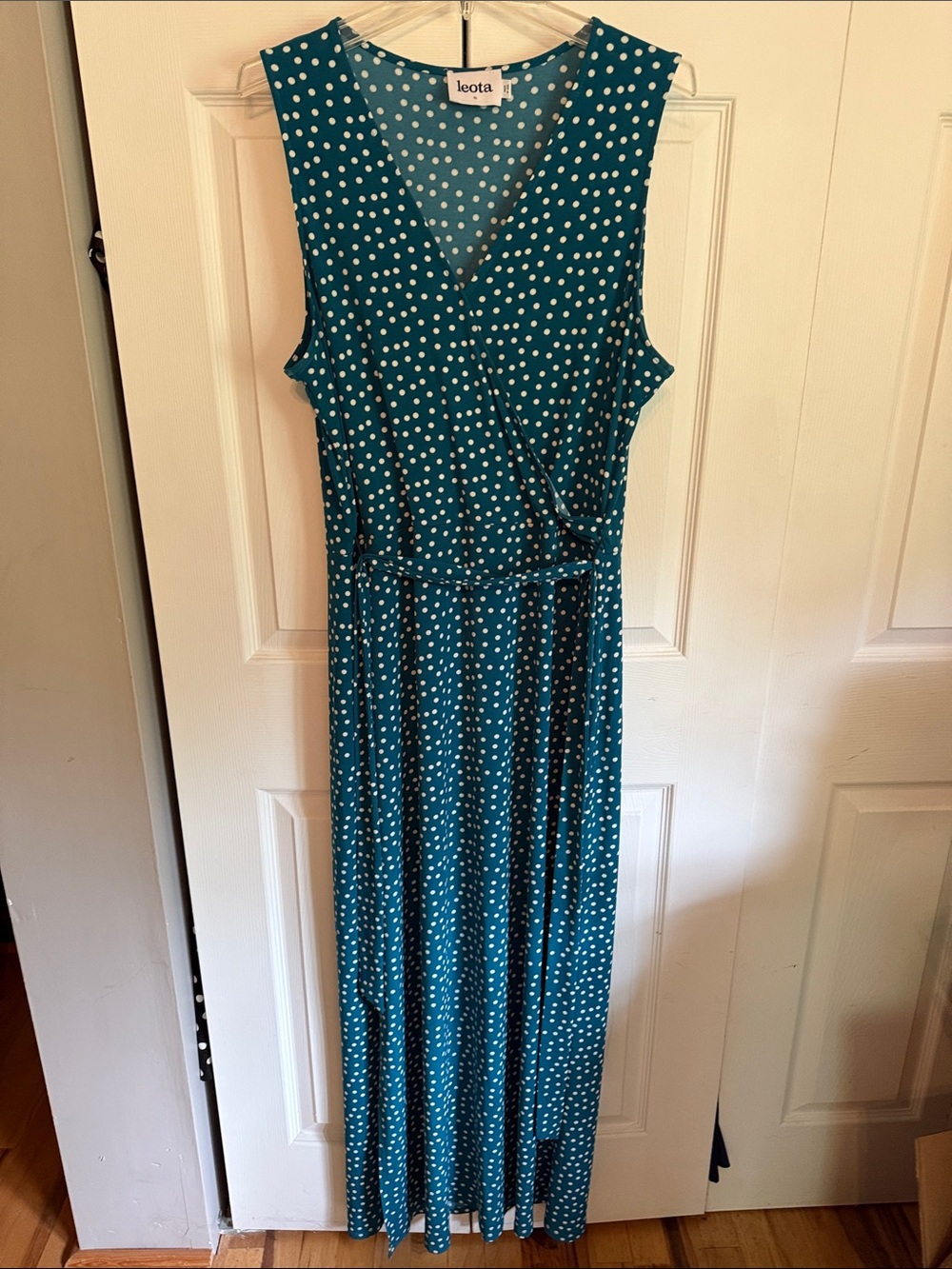 Leota Teal Polka Dot Sleeveless Wrap Maxi Dress